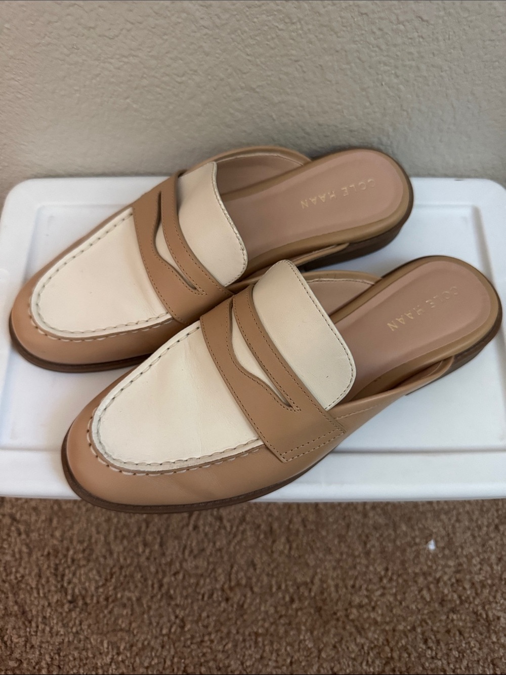 Cole Haan Cream & Tan Leather Mule Loafers